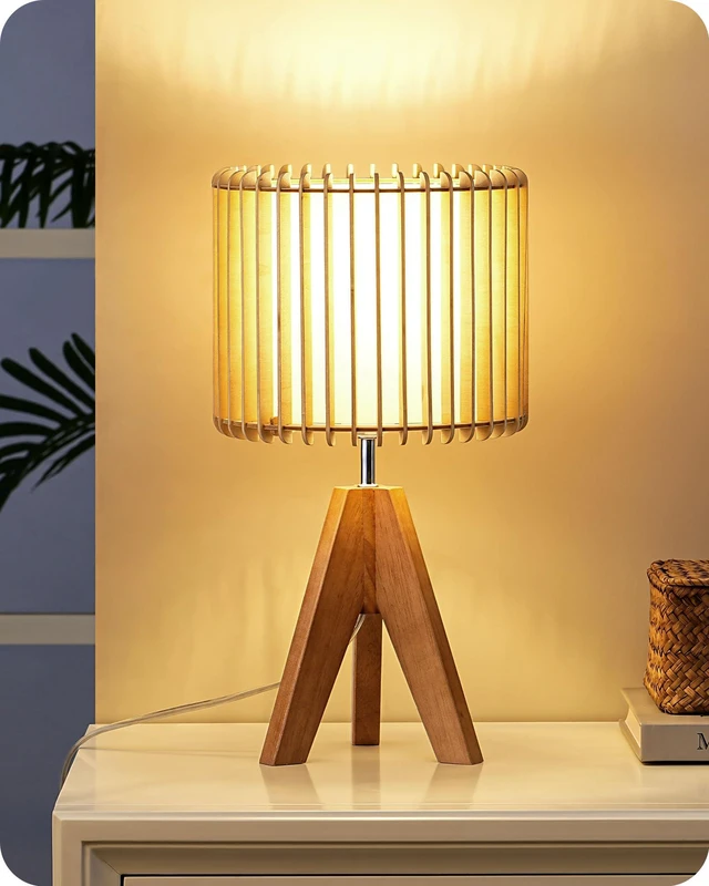 Main image of 14.17" Small Table Lamp, Wood-Colored Hollow Shade, E26 Base Wood Tripod Bedside Lamp, Boho Nightstand Lamp for Bedroom, Living Room, Office, Study