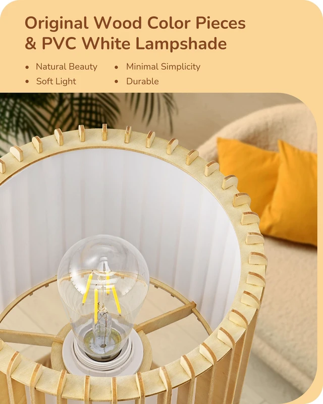 Alt view image 2 of 7 - 14.17" Small Table Lamp, Wood-Colored Hollow Shade, E26 Base Wood Tripod Bedside Lamp, Boho Nightstand Lamp for Bedroom, Living Room, Office, Study