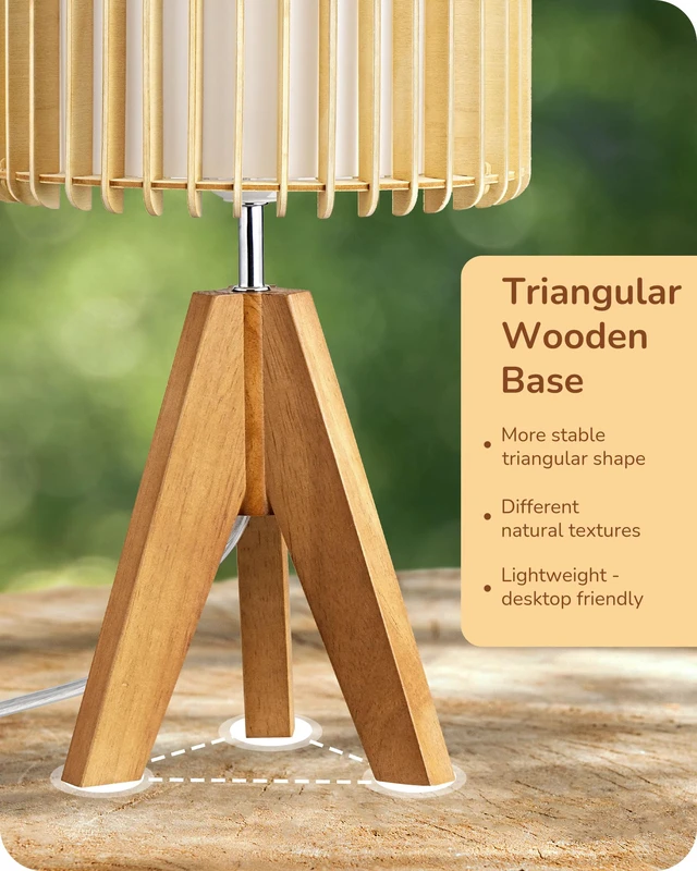 Alt view image 3 of 7 - 14.17" Small Table Lamp, Wood-Colored Hollow Shade, E26 Base Wood Tripod Bedside Lamp, Boho Nightstand Lamp for Bedroom, Living Room, Office, Study