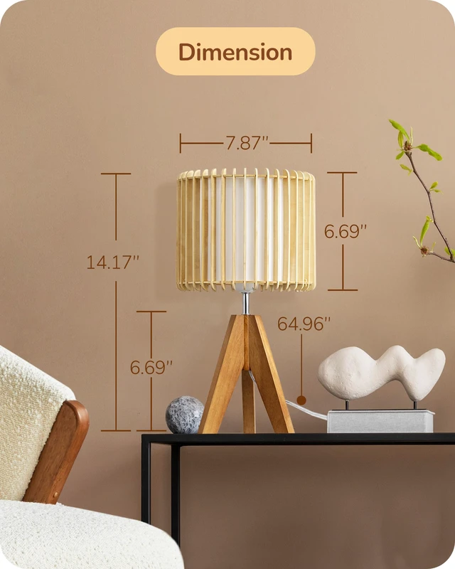 Alt view image 5 of 7 - 14.17" Small Table Lamp, Wood-Colored Hollow Shade, E26 Base Wood Tripod Bedside Lamp, Boho Nightstand Lamp for Bedroom, Living Room, Office, Study