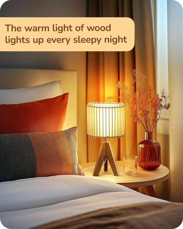 Alt view image 6 of 7 - 14.17" Small Table Lamp, Wood-Colored Hollow Shade, E26 Base Wood Tripod Bedside Lamp, Boho Nightstand Lamp for Bedroom, Living Room, Office, Study