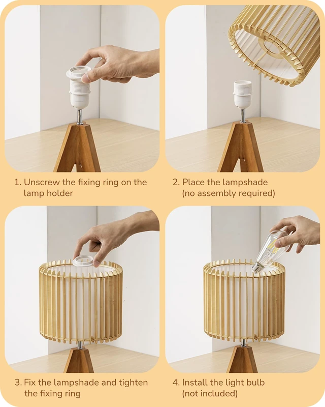 Alt view image 4 of 7 - 14.17" Small Table Lamp, Wood-Colored Hollow Shade, E26 Base Wood Tripod Bedside Lamp, Boho Nightstand Lamp for Bedroom, Living Room, Office, Study
