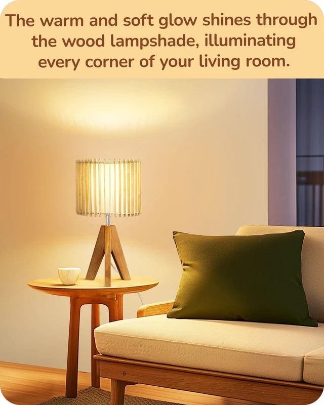 Alt view image 7 of 7 - 14.17" Small Table Lamp, Wood-Colored Hollow Shade, E26 Base Wood Tripod Bedside Lamp, Boho Nightstand Lamp for Bedroom, Living Room, Office, Study
