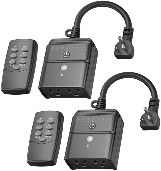 Main image of Outdoor Timer for Lights, 100FT Remote Control 2 Outlets, Weatherproof Outdoor Use; Dusk-To-Dawn+2/4/6/8H Countdown; For String Lights, Pump,125V 15A ETL Listed2 Packs