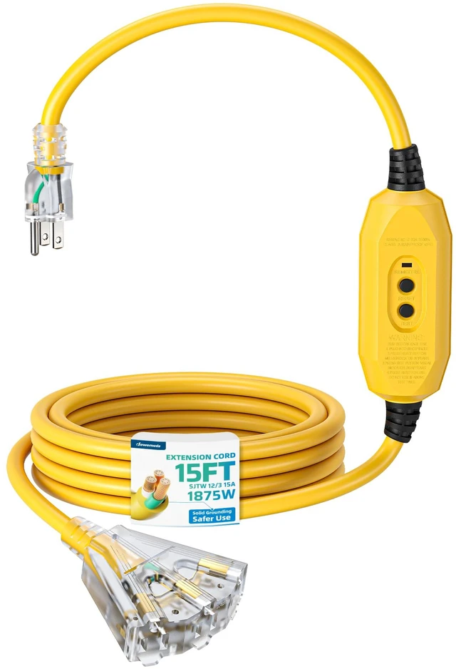 Main image of 15FT GFCI Extension Cord, Auto Reset, 12/3 AWG SJTW LED Indicator Light, 3 Prong Plug, Heavy Duty Power Cable for Pool Pump, Pressure Washer, Lawn Mower, UL Listed, Yellow