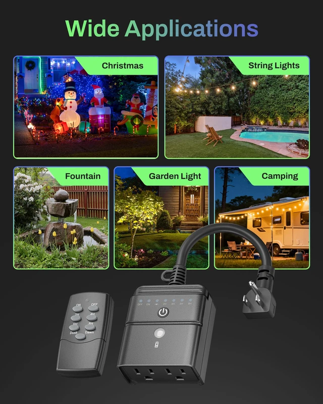 Alt view image 7 of 7 - Outdoor Timer for Lights, 100FT Remote Control 2 Outlets, Weatherproof Outdoor Use; Dusk-To-Dawn+2/4/6/8H Countdown; For String Lights, Pump,125V 15A ETL Listed2 Packs