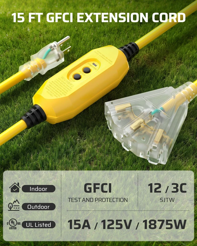 Alt view image 2 of 7 - 15FT GFCI Extension Cord, Auto Reset, 12/3 AWG SJTW LED Indicator Light, 3 Prong Plug, Heavy Duty Power Cable for Pool Pump, Pressure Washer, Lawn Mower, UL Listed, Yellow