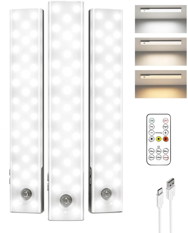 Main image of Under Cabinet Lighting Wireless, Motion Sensor Lights Indoor 3-Pack with Remote, 2000mAh Rechargeable Battery, 62LEDs, Magnetic, Timer, 3 Color Temps, Kitchen, Closet and More