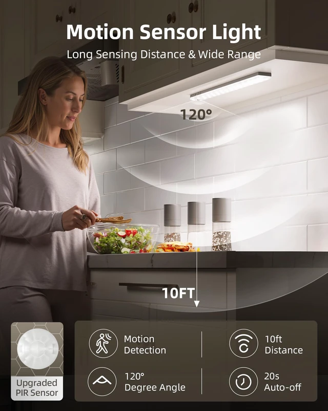 Alt view image 2 of 7 - Under Cabinet Lighting Wireless, Motion Sensor Lights Indoor 3-Pack with Remote, 2000mAh Rechargeable Battery, 62LEDs, Magnetic, Timer, 3 Color Temps, Kitchen, Closet and More