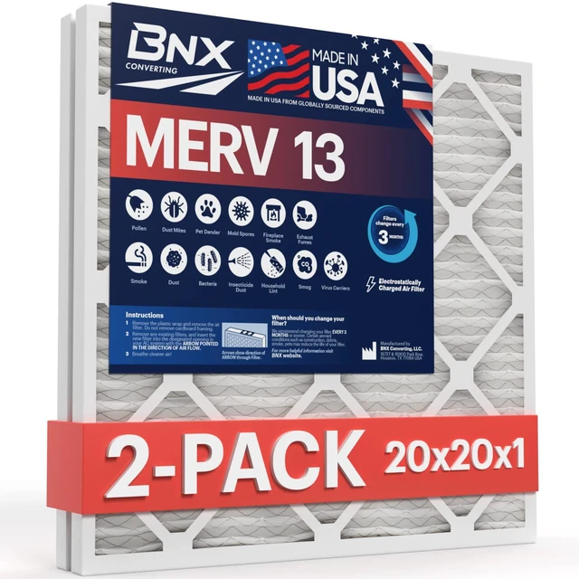 Main image of 20x20x1 MERV 13 Air Filter 2 Pack - MADE IN USA - Electrostatic Pleated Air Conditioner HVAC AC Furnace Filters - Removes Pollen, Mold, Bacteria