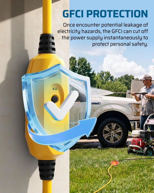 Alt view image 3 of 7 - 15FT GFCI Extension Cord, Auto Reset, 12/3 AWG SJTW LED Indicator Light, 3 Prong Plug, Heavy Duty Power Cable for Pool Pump, Pressure Washer, Lawn Mower, UL Listed, Yellow