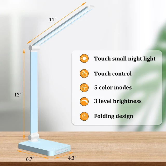 Alt view image 3 of 6 - LED Desk Lamp with USB Ports,Touch Desk Lamps for Home Office with 5 Modes 3 Brightness Desk Light with Small Night Light,Reading Lamp Table Lamp for Bedroom Bedside Study Blue with adapter