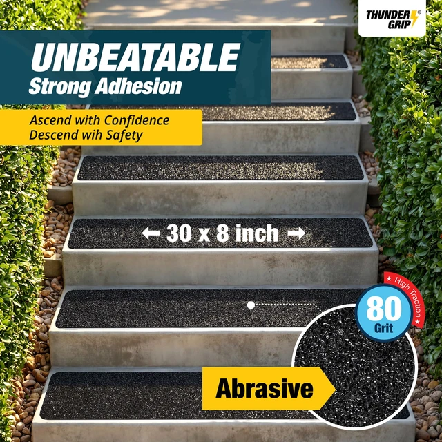 Alt view image 3 of 6 - Outdoor Stair Treads Non-Slip 30" x 8" 8-Pack Waterproof 80-Grit Grip Tape Weather Resistant Exterior Grip Tape for Wooden Steps, Non Slip Stair Treads for Outdoor, Anti Skid Strips by