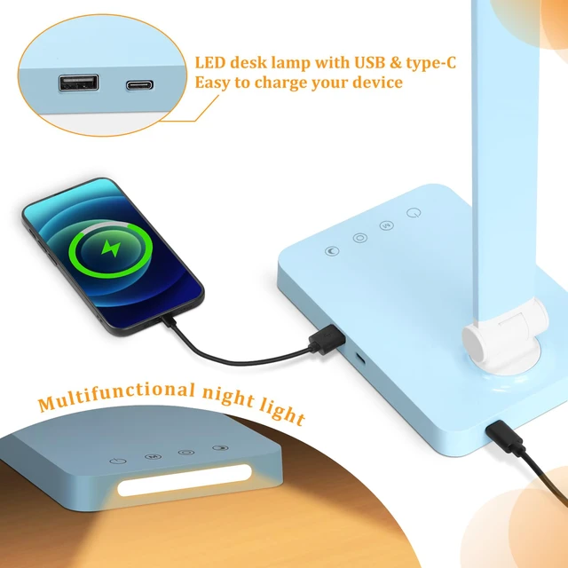 Alt view image 4 of 6 - LED Desk Lamp with USB Ports,Touch Desk Lamps for Home Office with 5 Modes 3 Brightness Desk Light with Small Night Light,Reading Lamp Table Lamp for Bedroom Bedside Study Blue with adapter