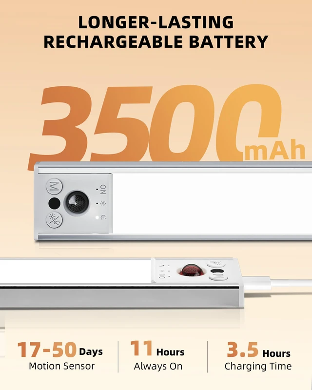Alt view image 4 of 7 - 14.5inch Under Cabinet Lighting, 2 Pack 3500mAh Rechargeable Wireless Motion Sensor Lights Indoor, Dimmable Magnetic Closet Lights, Under Counter Lights for Kitchen, Pantry, Stairs