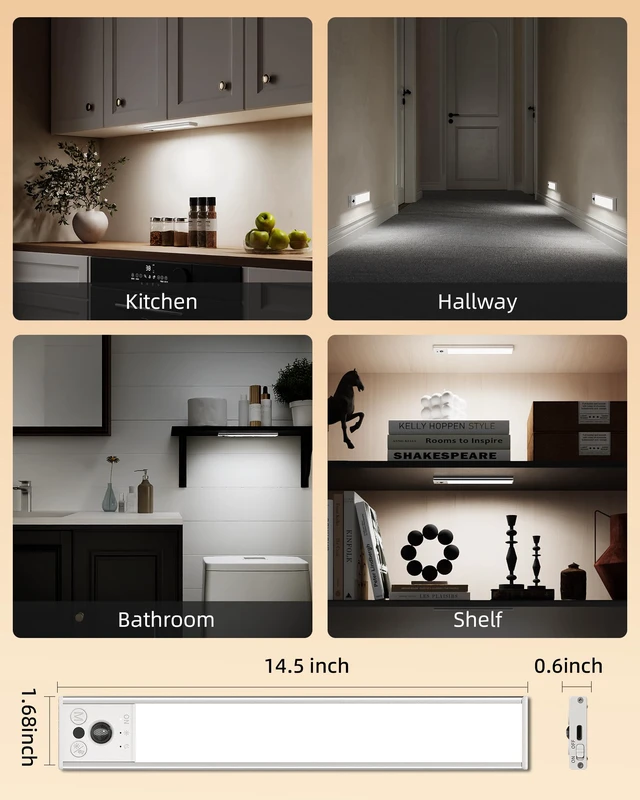Alt view image 7 of 7 - 14.5inch Under Cabinet Lighting, 2 Pack 3500mAh Rechargeable Wireless Motion Sensor Lights Indoor, Dimmable Magnetic Closet Lights, Under Counter Lights for Kitchen, Pantry, Stairs
