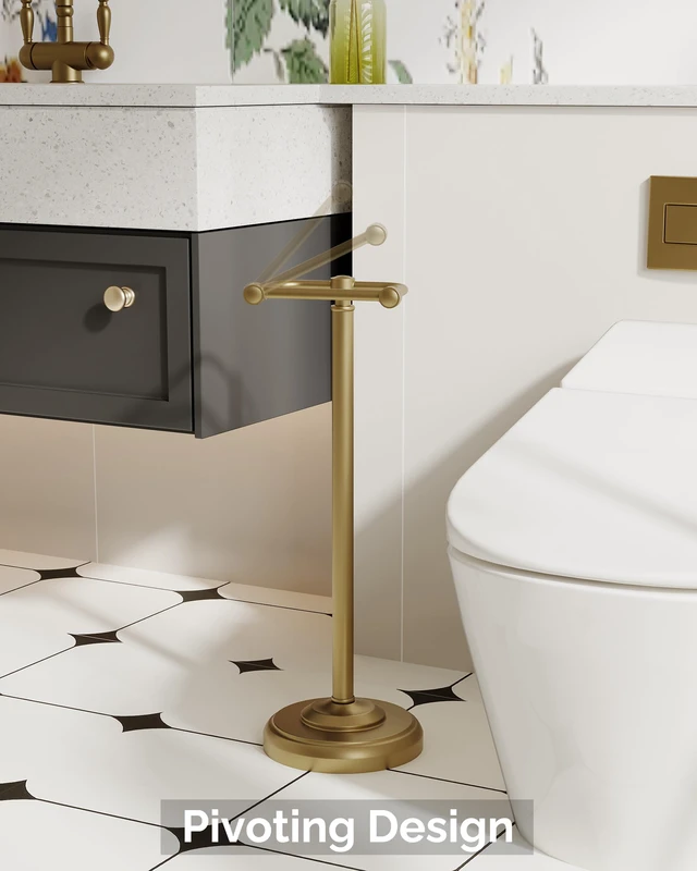 Alt view image 2 of 7 - Gold Toilet Paper Holder Stand Stainless Steel & Weighted Base Brushed Finish Post Pivoting Design Easy to Change Roll, Mega Roll Toilet Paper Holder Freestanding for Bathroom Waterproof