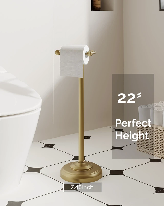 Alt view image 4 of 7 - Gold Toilet Paper Holder Stand Stainless Steel & Weighted Base Brushed Finish Post Pivoting Design Easy to Change Roll, Mega Roll Toilet Paper Holder Freestanding for Bathroom Waterproof