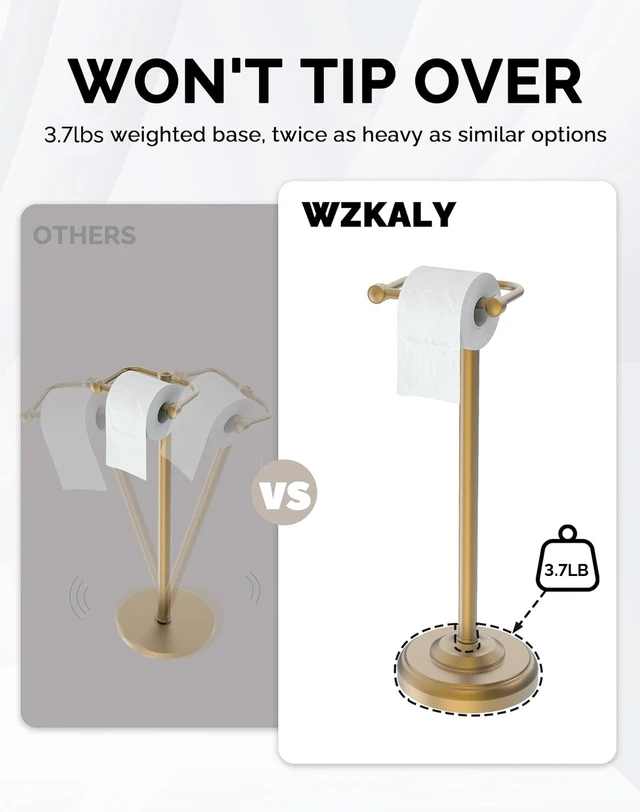 Alt view image 6 of 7 - Gold Toilet Paper Holder Stand Stainless Steel & Weighted Base Brushed Finish Post Pivoting Design Easy to Change Roll, Mega Roll Toilet Paper Holder Freestanding for Bathroom Waterproof