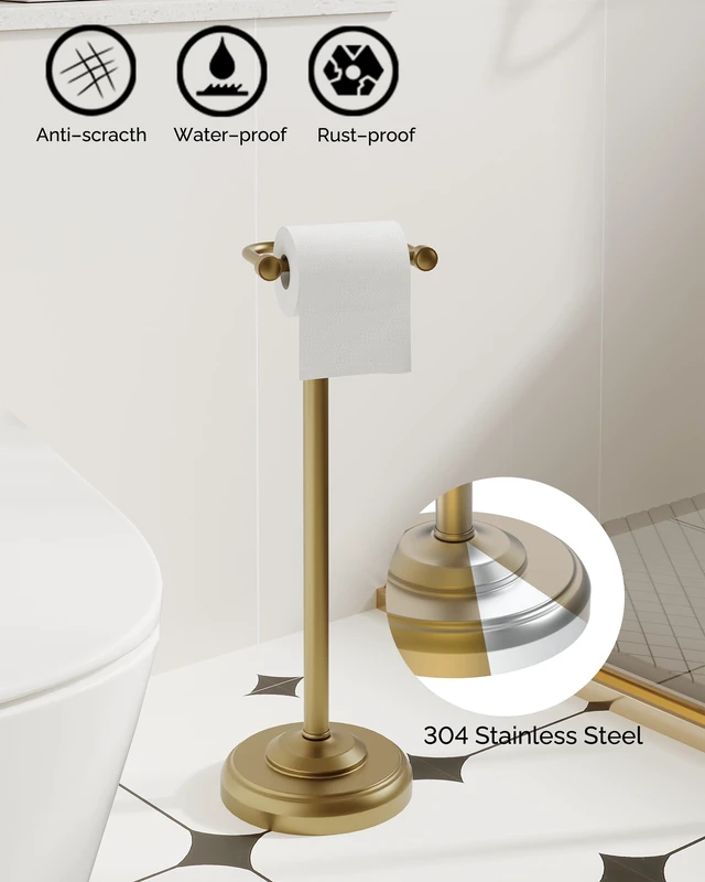 Alt view image 3 of 7 - Gold Toilet Paper Holder Stand Stainless Steel & Weighted Base Brushed Finish Post Pivoting Design Easy to Change Roll, Mega Roll Toilet Paper Holder Freestanding for Bathroom Waterproof