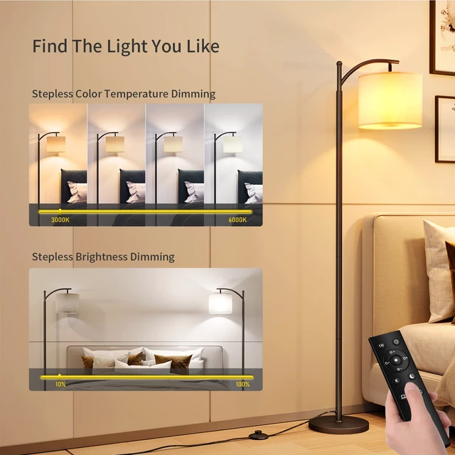 Alt view image 2 of 6 - Arc Floor Lamp, Modern Floor Lamp with Remote Control and 9W Bulb Stepless Dimmable Metal Standing Lamps with Hanging Lampshade for Living Room, Bedroom, Office