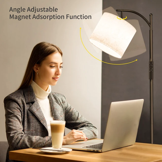 Alt view image 3 of 6 - Arc Floor Lamp, Modern Floor Lamp with Remote Control and 9W Bulb Stepless Dimmable Metal Standing Lamps with Hanging Lampshade for Living Room, Bedroom, Office