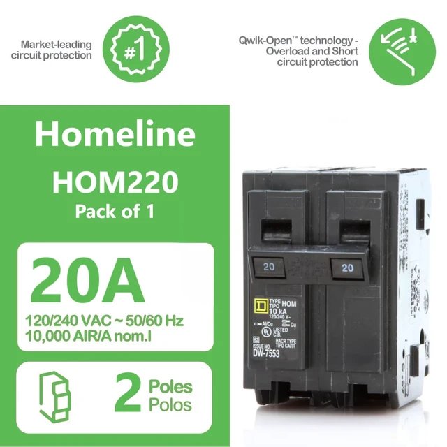Alt view image 2 of 7 - Genuine Square D HOM220 Circuit Breaker Kit Bundle (1 Pack), 20 Amp (20A) Double Pole, 120/240V, 10kAIC, UL Listed, Plug-On for Homeline Load Centers & Panel Box, New Replacement