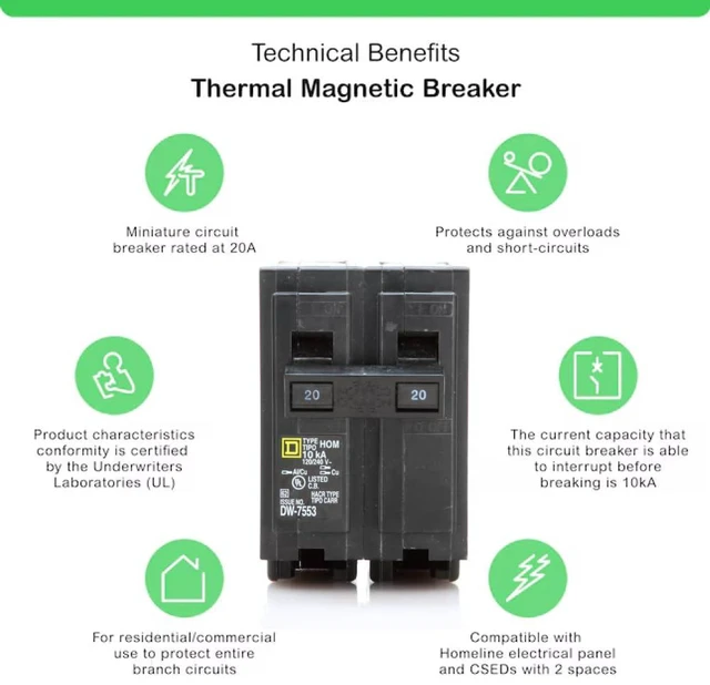 Alt view image 3 of 7 - Genuine Square D HOM220 Circuit Breaker Kit Bundle (1 Pack), 20 Amp (20A) Double Pole, 120/240V, 10kAIC, UL Listed, Plug-On for Homeline Load Centers & Panel Box, New Replacement