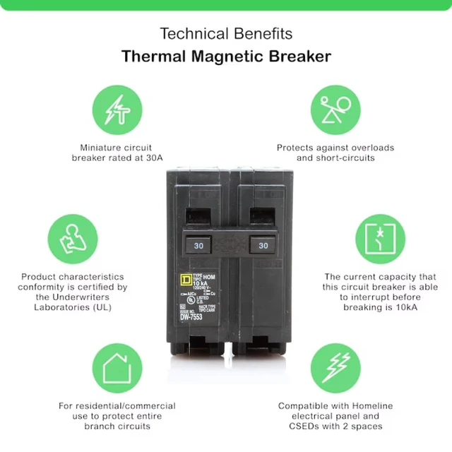 Alt view image 3 of 7 - Genuine Square D HOM230 30 Amp Double Pole Circuit Breaker Kit UL Listed, Plug-On Replacement for Homeline Load Center Panel Box, 30A, 120/240V, 10kAIC, 30Amp, 2 Pole HOM Series, 1 Pack