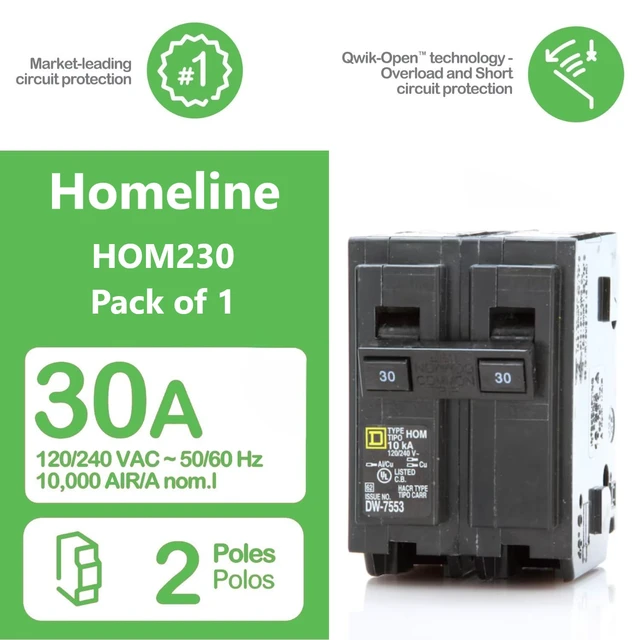 Alt view image 2 of 7 - Genuine Square D HOM230 30 Amp Double Pole Circuit Breaker Kit UL Listed, Plug-On Replacement for Homeline Load Center Panel Box, 30A, 120/240V, 10kAIC, 30Amp, 2 Pole HOM Series, 1 Pack