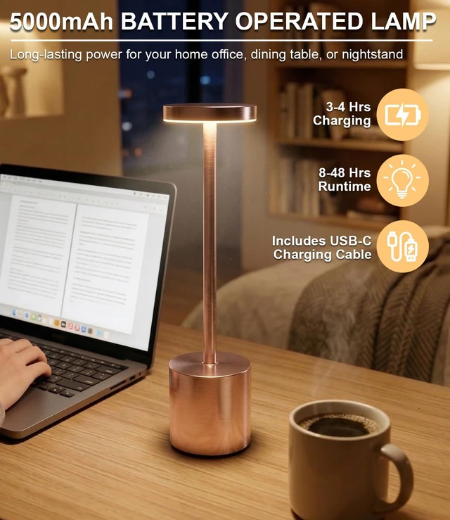 Alt view image 2 of 7 - Cordless Table Lamps Rechargeable Set of 2, Portable LED Desk Lamp, 5000mAh Battery Powered Wireless Table Light - 3 Color Dimmable Lighting for Restaurant Dining Patio Outdoor Bedroom(Rose Gold)