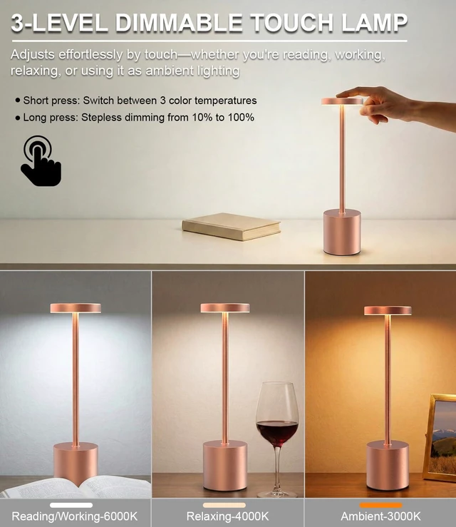 Alt view image 3 of 7 - Cordless Table Lamps Rechargeable Set of 2, Portable LED Desk Lamp, 5000mAh Battery Powered Wireless Table Light - 3 Color Dimmable Lighting for Restaurant Dining Patio Outdoor Bedroom(Rose Gold)