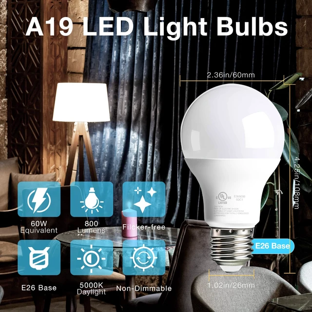 Alt view image 2 of 6 - A19 LED Light Bulbs 60 Watts Equivalent Bulbs,800 LM,Non-Dimmable,Efficient 9W Energy Saving Lights for Living Room,Office,80+ CRI,120V,UL Listed (Daylight White 5000k, 10 Counts)