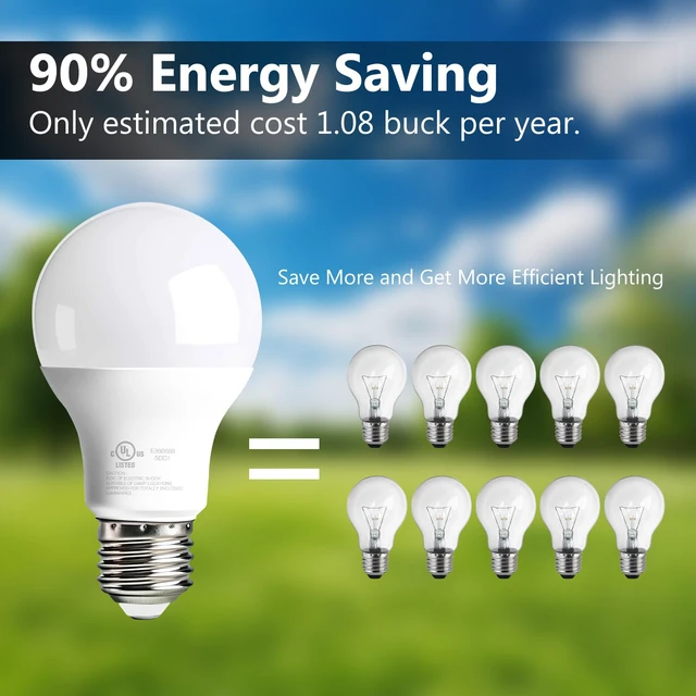 Alt view image 3 of 6 - A19 LED Light Bulbs 60 Watts Equivalent Bulbs,800 LM,Non-Dimmable,Efficient 9W Energy Saving Lights for Living Room,Office,80+ CRI,120V,UL Listed (Daylight White 5000k, 10 Counts)