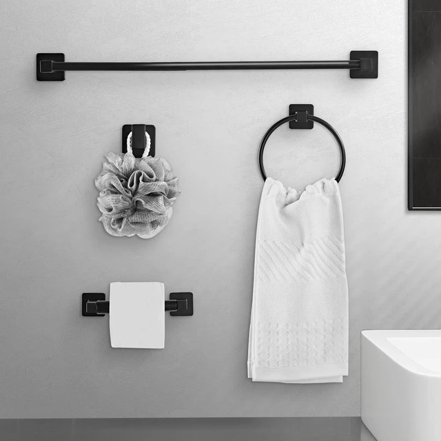 Alt view image 2 of 6 - Matte Black Bathroom Hardware Set 8 Pieces,Towel Bar Set Stainless Steel Wall Mounted, Includes 16In Hand Towel Bar, Towel Ring, Robe Towel Hooks,Toilet Paper Holder, Bathroom Towel Rack Set