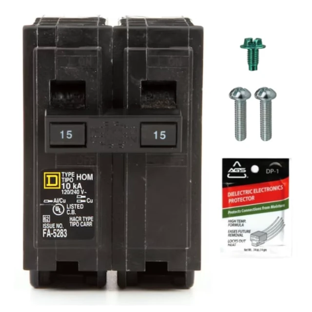 Main image of Genuine Square D HOM215 Circuit Breaker Kit Bundle (1 Pack), 15 Amp (15A) Double Pole, 120/240V, 10kAIC, UL Listed, Plug-On for Homeline Load Centers & Panel Box, New Replacement
