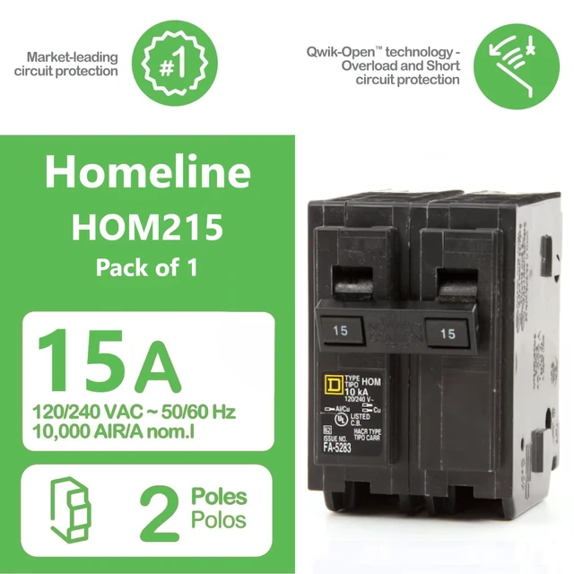 Alt view image 2 of 7 - Genuine Square D HOM215 Circuit Breaker Kit Bundle (1 Pack), 15 Amp (15A) Double Pole, 120/240V, 10kAIC, UL Listed, Plug-On for Homeline Load Centers & Panel Box, New Replacement
