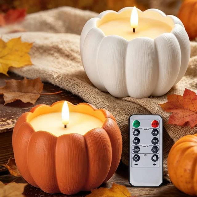 Main image of Fall Decor, Fall Decorations for Home - Terracotta Flameless Pumpkin Candle Fall Decor for Thanksgiving, Halloween, Farmhouse, Table, Room, Kitchen, Remote, Timer, 3.5" H, Burnt Orange + White