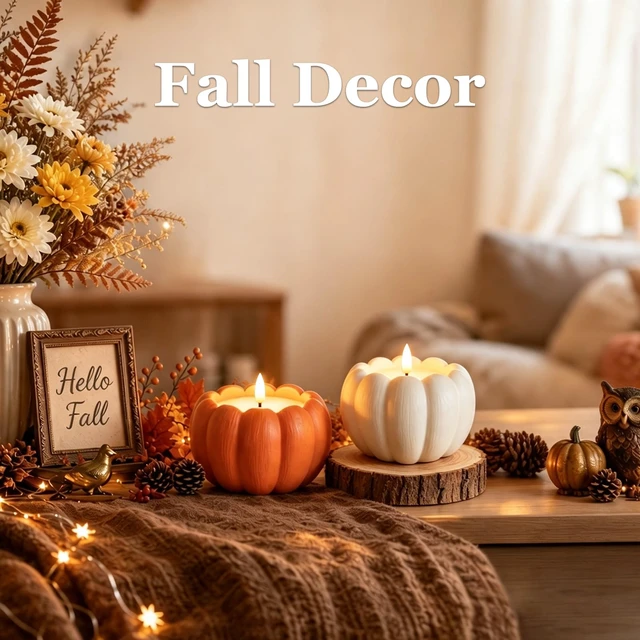 Alt view image 2 of 7 - Fall Decor, Fall Decorations for Home - Terracotta Flameless Pumpkin Candle Fall Decor for Thanksgiving, Halloween, Farmhouse, Table, Room, Kitchen, Remote, Timer, 3.5" H, Burnt Orange + White