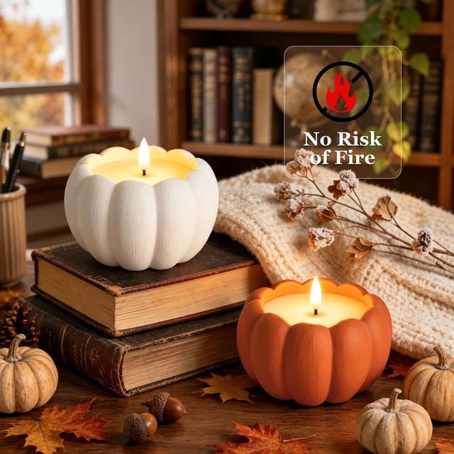 Alt view image 3 of 7 - Fall Decor, Fall Decorations for Home - Terracotta Flameless Pumpkin Candle Fall Decor for Thanksgiving, Halloween, Farmhouse, Table, Room, Kitchen, Remote, Timer, 3.5" H, Burnt Orange + White