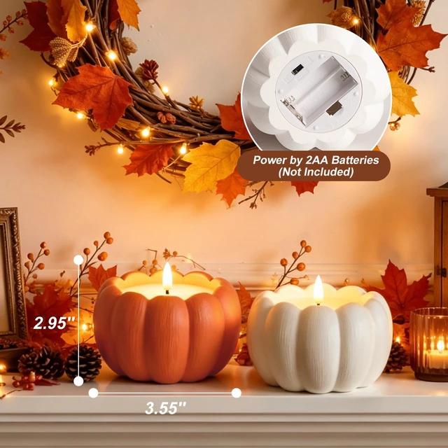 Alt view image 5 of 7 - Fall Decor, Fall Decorations for Home - Terracotta Flameless Pumpkin Candle Fall Decor for Thanksgiving, Halloween, Farmhouse, Table, Room, Kitchen, Remote, Timer, 3.5" H, Burnt Orange + White