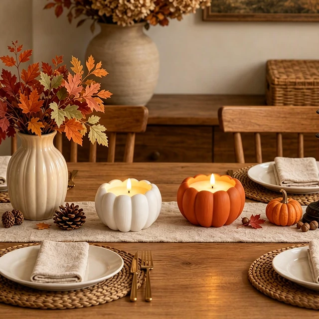 Alt view image 6 of 7 - Fall Decor, Fall Decorations for Home - Terracotta Flameless Pumpkin Candle Fall Decor for Thanksgiving, Halloween, Farmhouse, Table, Room, Kitchen, Remote, Timer, 3.5" H, Burnt Orange + White
