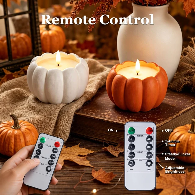 Alt view image 4 of 7 - Fall Decor, Fall Decorations for Home - Terracotta Flameless Pumpkin Candle Fall Decor for Thanksgiving, Halloween, Farmhouse, Table, Room, Kitchen, Remote, Timer, 3.5" H, Burnt Orange + White