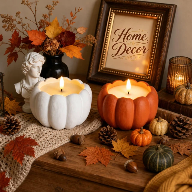 Alt view image 7 of 7 - Fall Decor, Fall Decorations for Home - Terracotta Flameless Pumpkin Candle Fall Decor for Thanksgiving, Halloween, Farmhouse, Table, Room, Kitchen, Remote, Timer, 3.5" H, Burnt Orange + White