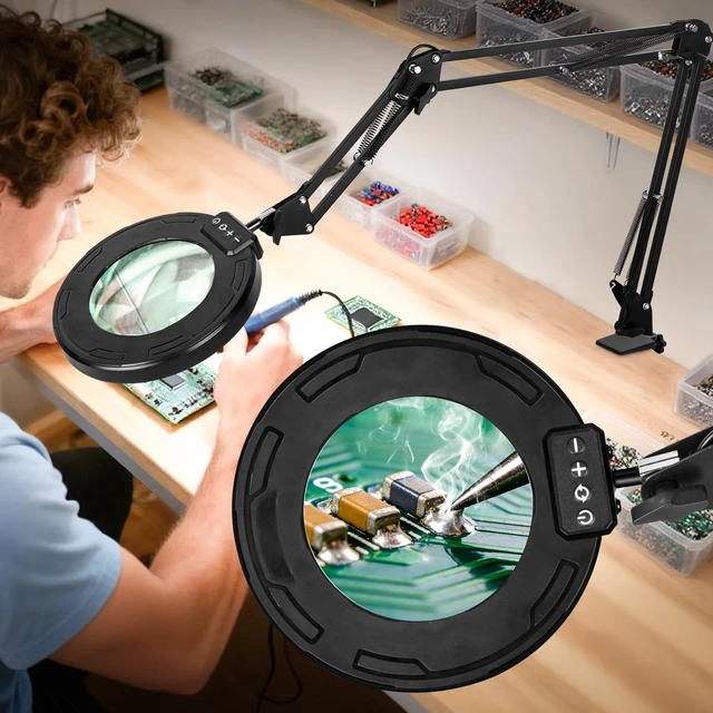 Main image of 12X Ultra Long Magnifying Glass with Light and Clamp 3-Section Arm Hands Free Lighted Stand, 5 Color Modes, Stepless Dimming LED Desk Lamp for Workbench, Cross Stitch-Black