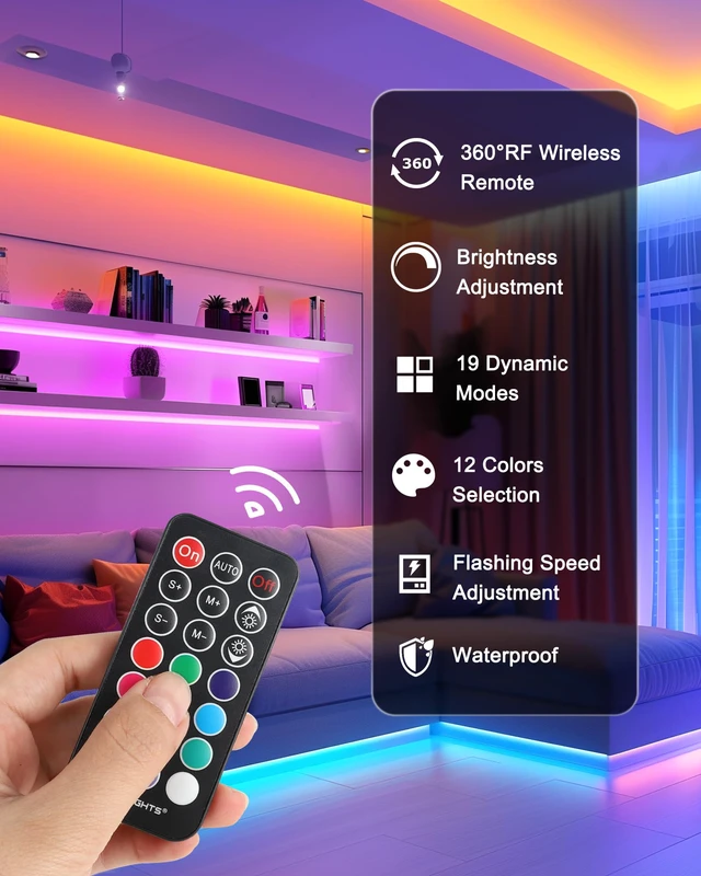 Alt view image 4 of 7 - Waterproof LED Strip Lights Kit, RGB Color Changing Pre-Cut 4FT UL Listed with RF Remote 12V Power Supply Connectors, Dimmable 12 Colors 19 Dynamic Modes for Cabinet Shelf Display Backlight