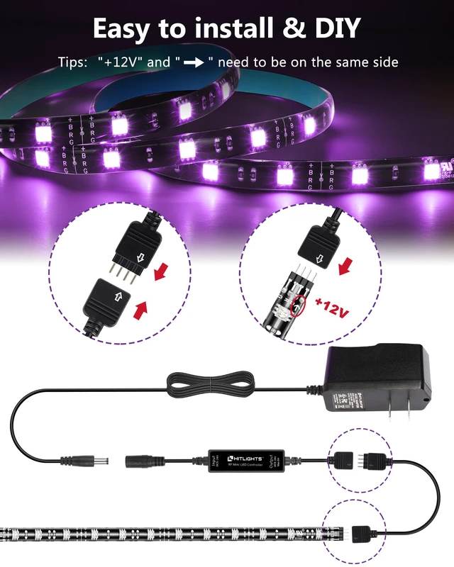 Alt view image 5 of 7 - Waterproof LED Strip Lights Kit, RGB Color Changing Pre-Cut 4FT UL Listed with RF Remote 12V Power Supply Connectors, Dimmable 12 Colors 19 Dynamic Modes for Cabinet Shelf Display Backlight