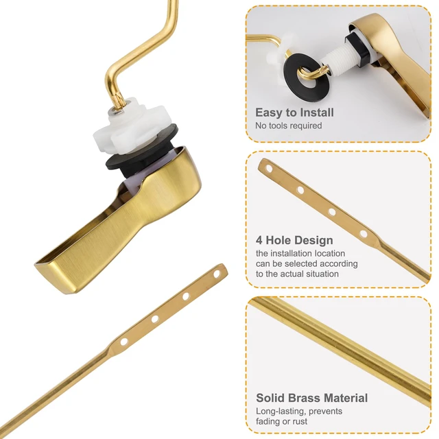 Alt view image 3 of 7 - Universal Metal Side Mount Toilet Handle Kit, Brushed Gold Solid Brass Toilet Flush Tank Lever with Stainless Steel Adjustable Flapper Chains, Side Tank Toilet Handle for Most Toilets