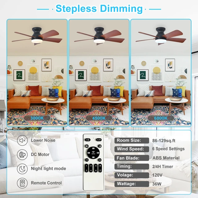 Alt view image 3 of 7 - Modern Ceiling Fan with Light: 35-Inch Black Small Fans for Bedroom Indoor Outdoor - Dimmable Low Profile Ceiling Fans with Remote Control Flush Mount 5 Reversible Walnut Blades 6 Speeds Timer