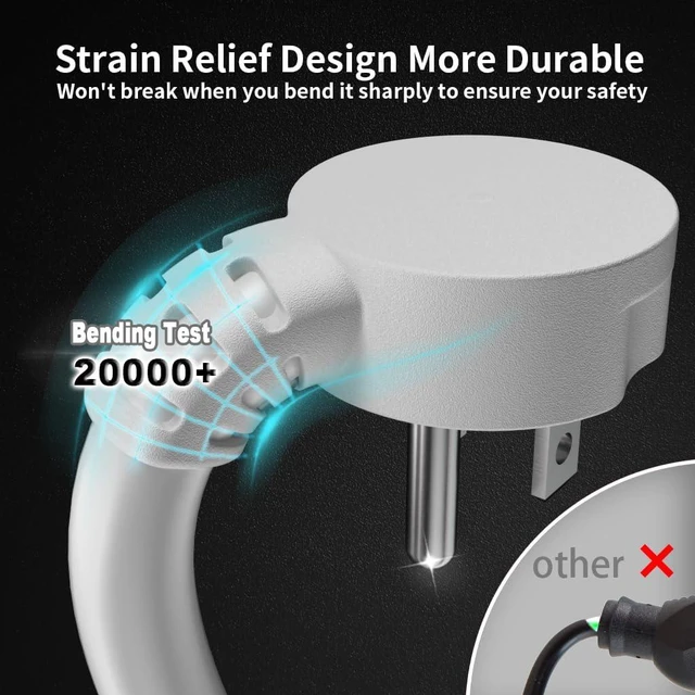 Alt view image 5 of 7 - 14 Gauge 15 FT White Flat Plug Extension Cord, Indoor Low Profile Flat Plug, Heavy Duty 3 Prong Grounded, Flexible SJTW, 15A 1875W 125V, ETL Listed, Home/Workshop/Outdoor